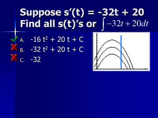Suppose s’(t) = -32t + 20 Find all s(t)’s or