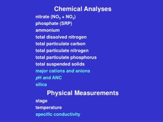 Chemical Analyses nitrate (NO 3 + NO 2 ) phosphate (SRP) ammonium total dissolved nitrogen
