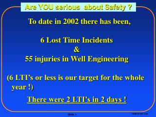 To date in 2002 there has been, 6 Lost Time Incidents &amp; 55 injuries in Well Engineering