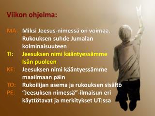 Viikon ohjelma: MA: Miksi Jeesus-nimessä on voimaa. 	 Rukouksen 	suhde Jumalan 	kolminaisuuteen