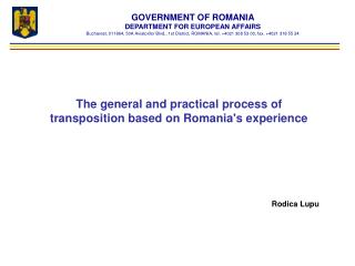 GOVERNMENT OF ROMANIA DEPARTMENT FOR EUROPEAN AFFAIRS