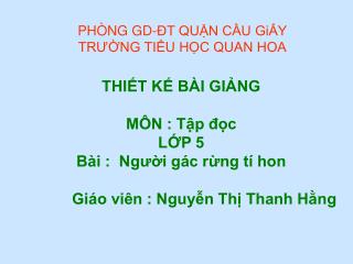 PHÒNG GD-ĐT QUẬN CẦU GiẤY TRƯỜNG TIỂU HỌC QUAN HOA