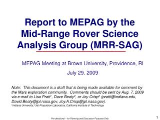 Report to MEPAG by the Mid-Range Rover Science Analysis Group (MRR-SAG)