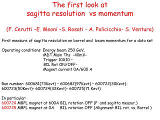 First measure of sagitta resolution on barrel and beam momentum for a data set