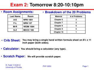 Exam 2: Tomorrow 8:20-10:10pm