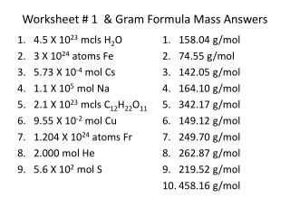 Worksheet # 1 &amp; Gram Formula Mass Answers