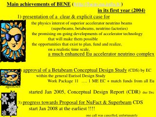 M ain achievement s of BENE ( bene.nafn.it/ ) i n its first year ( 2004 )