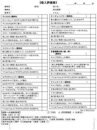 【 医師への連絡事項 】 □残薬　□あり　□　なし □吸入手技・吸気流速に問題があるので、他剤への変更を検討下さい。