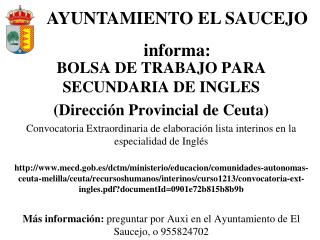 BOLSA DE TRABAJO PARA SECUNDARIA DE INGLES (Dirección Provincial de Ceuta)