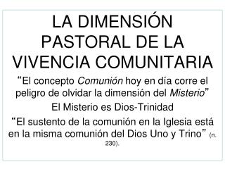 LA DIMENSIÓN PASTORAL DE LA VIVENCIA COMUNITARIA