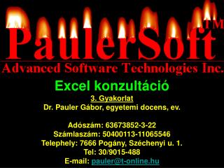 Excel konzultáció 3. Gyakorlat Dr. Pauler Gá bor , egyetemi docens, ev. Adószám: 63673852-3-22