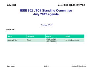 IEEE 802 JTC1 Standing Committee July 2012 agenda
