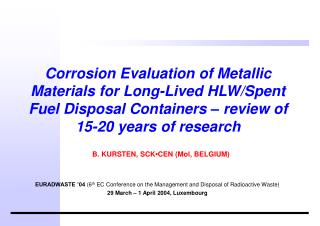 B. KURSTEN, SCK • CEN (Mol, BELGIUM)