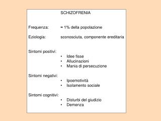 SCHIZOFRENIA Frequenza:	≈ 1% della popolazione Eziologia: 	sconosciuta, componente ereditaria