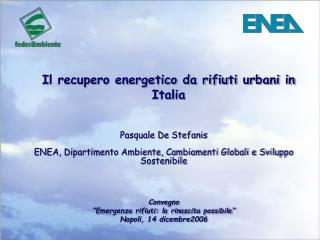 Pasquale De Stefanis ENEA, Dipartimento Ambiente, Cambiamenti Globali e Sviluppo Sostenibile