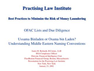 Practising Law Institute Best Practices to Minimize the Risk of Money Laundering