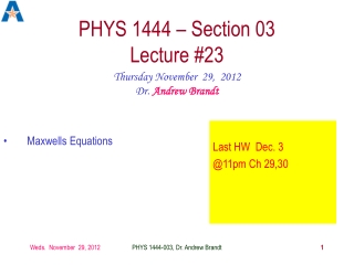 PHYS 1444 – Section 03 Lecture #23