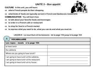 UNITÉ 3 – Bon appétit CULTURE In this unit, you will learn:
