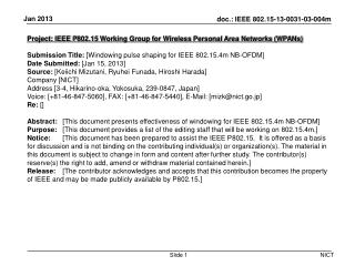 Project: IEEE P802.15 Working Group for Wireless Personal Area Networks (WPANs) ‏