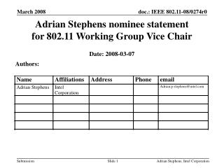Adrian Stephens nominee statement for 802.11 Working Group Vice Chair