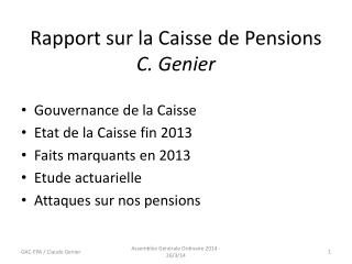 Rapport sur la Caisse de Pensions C. Genier