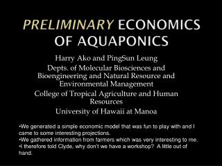 Preliminary Economics of Aquaponics