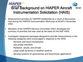 Brief Background on HIAPER Aircraft Instrumentation Solicitation (HAIS)