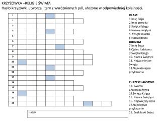 KRZYŻÓWKA –RELIGIE ŚWIATA