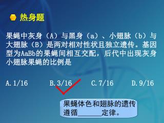 果蝇中灰身（ A ）与黑身（ a ）、小翅脉（ b ）与大翅脉（ B ）是两对相对性状且独立遗传。基因型为 AaBb 的 果蝇 间相互交配，后代中出现 灰身小翅脉果蝇 的比例是