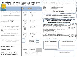 PLAN DE TRAVAIL – français-CM2 n° 1 Du lundi 8 au vendredi 19 septembre 2014