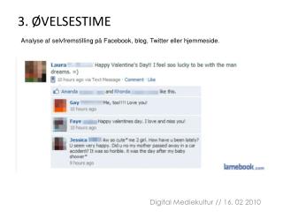 3. ØVELSESTIME Analyse af selvfremstilling på Facebook, blog, Twitter eller hjemmeside.