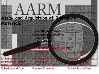 Assay and Acquisition of Radiopure Materials 			 Priscilla Cushman 			 University of Minnesota