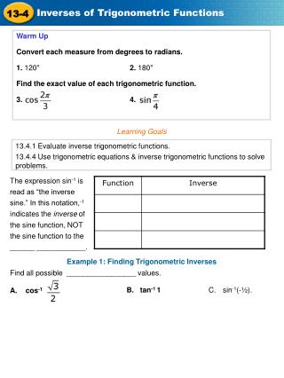 Warm Up Convert each measure from degrees to radians. 1. 120°			 2. 180°