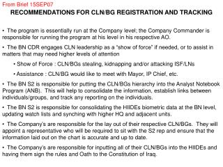RECOMMENDATIONS FOR CLN/BG REGISTRATION AND TRACKING