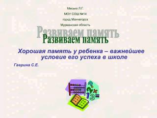 Хорошая память у ребенка – важнейшее условие его успеха в школе Гаврина С.Е.