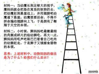 材料一：当幼鹰长到足够大的视乎，鹰妈妈就会把垫在窝里的软物扔去，把幼鹰赶到悬崖边上，并用翅膀吧幼鹰逼下悬崖。幼鹰想要活命，不得不拼命煽动翅膀向上飞，于是拥有了翱翔于天空的本领。