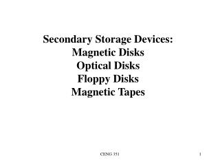 Secondary Storage Devices: Magnetic Disks Optical Disks Floppy Disks Magnetic Tapes