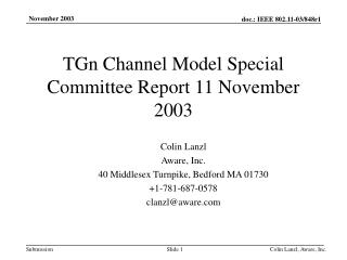 TGn Channel Model Special Committee Report 11 November 2003