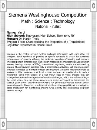 Siemens Westinghouse Competition Math : Science : Technology National Finalist