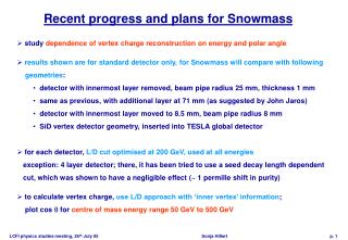 Recent progress and plans for Snowmass