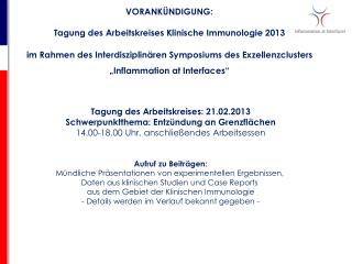 VORANKÜNDIGUNG: Tagung des Arbeitskreises Klinische Immunologie 2013