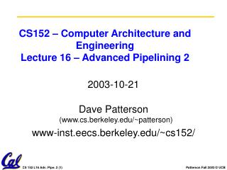 CS152 – Computer Architecture and Engineering Lecture 16 – Advanced Pipelining 2