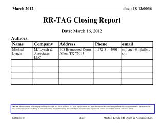 RR-TAG Clos ing Report