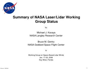 Summary of NASA Laser/Lidar Working Group Status