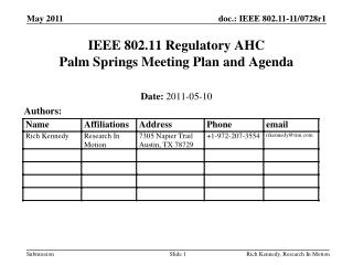 IEEE 802.11 Regulatory AHC Palm Springs Meeting Plan and Agenda