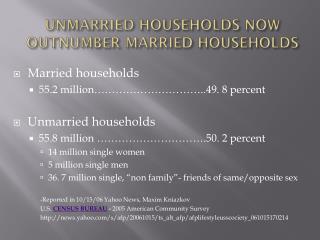 UNMARRIED HOUSEHOLDS NOW OUTNUMBER MARRIED HOUSEHOLDS