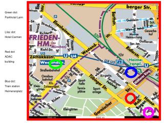 Green dot: Parkhotel Laim Lilac dot: Hotel Carmen Red dot: ADAC building Blue dot: Train station