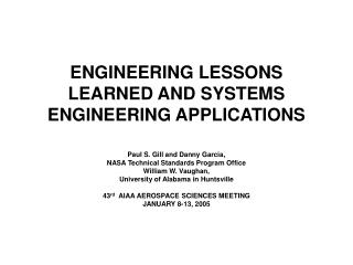 ENGINEERING LESSONS LEARNED AND SYSTEMS ENGINEERING APPLICATIONS