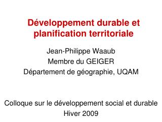 Développement durable et planification territoriale