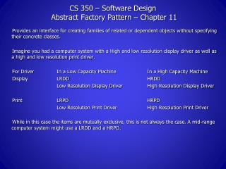 CS 350 – Software Design Abstract Factory Pattern – Chapter 11